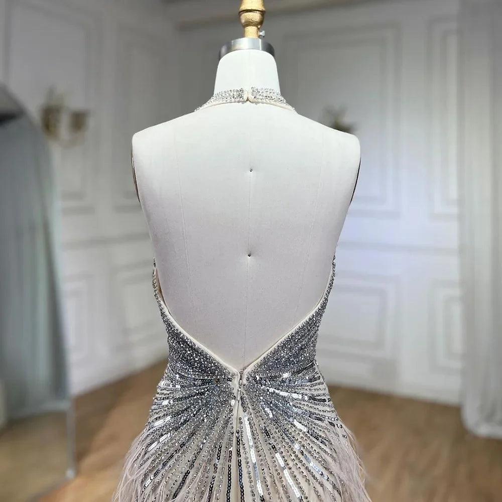 Serene Hill Luxury Beaded Feather Beige High Split Mermaid Evening Dresses Gowns Backless 2024 For Women Party LA70623B