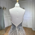 Serene Hill Luxury Beaded Feather Beige High Split Mermaid Evening Dresses Gowns Backless 2024 For Women Party LA70623B