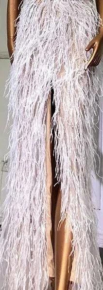 Serene Hill Luxury Beaded Feather Beige High Split Mermaid Evening Dresses Gowns Backless 2024 For Women Party LA70623B