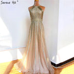 Serene Hill Luxury Dubai Arabic A-Line Gold Beaded Tassel Formal Evening Dresses for Women's Wedding Party Gowns 2024 LA70357