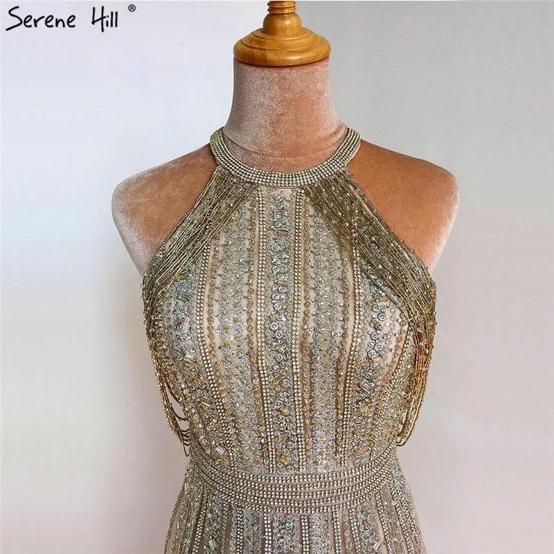Serene Hill Luxury Dubai Arabic A-Line Gold Beaded Tassel Formal Evening Dresses for Women's Wedding Party Gowns 2024 LA70357