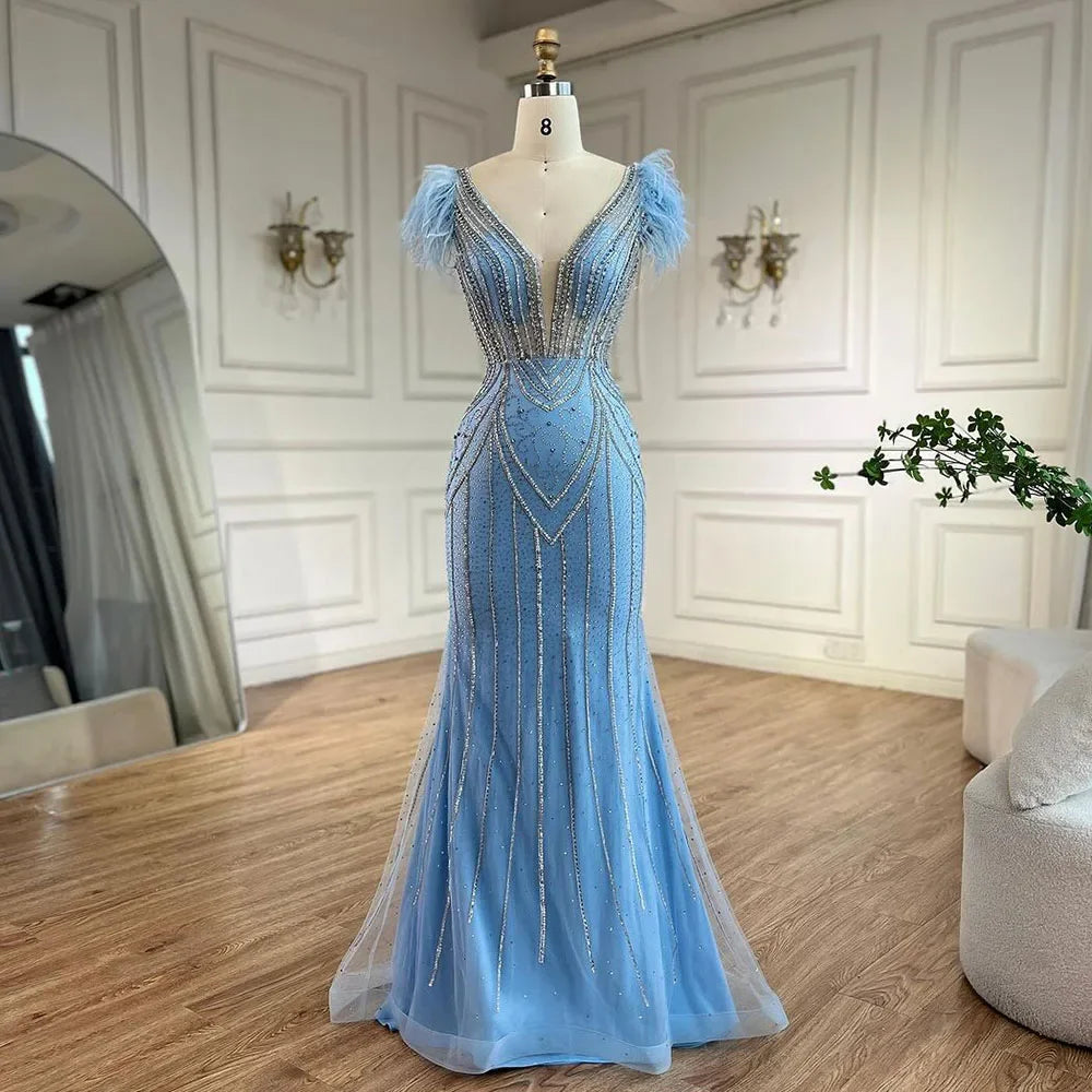 Luxury Dubai Blue Mermaid Evening Dress with Pearls and Feathers