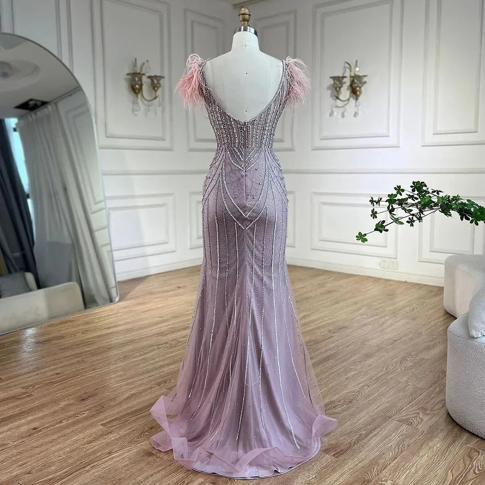 Luxury Dubai Blue Mermaid Evening Dress with Pearls and Feathers
