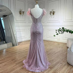 Luxury Dubai Blue Mermaid Evening Dress with Pearls and Feathers