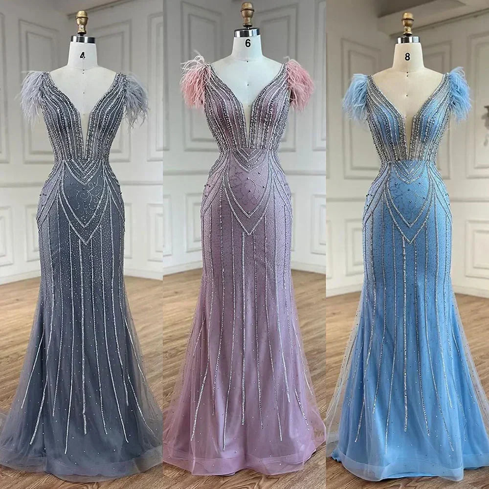 Luxury Dubai Blue Mermaid Evening Dress with Pearls and Feathers