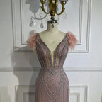 Luxury Dubai Blue Mermaid Evening Dress with Pearls and Feathers