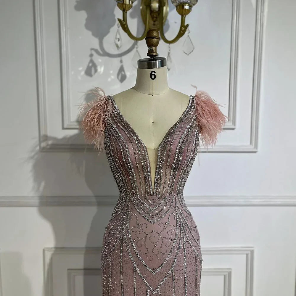 Luxury Dubai Blue Mermaid Evening Dress with Pearls and Feathers