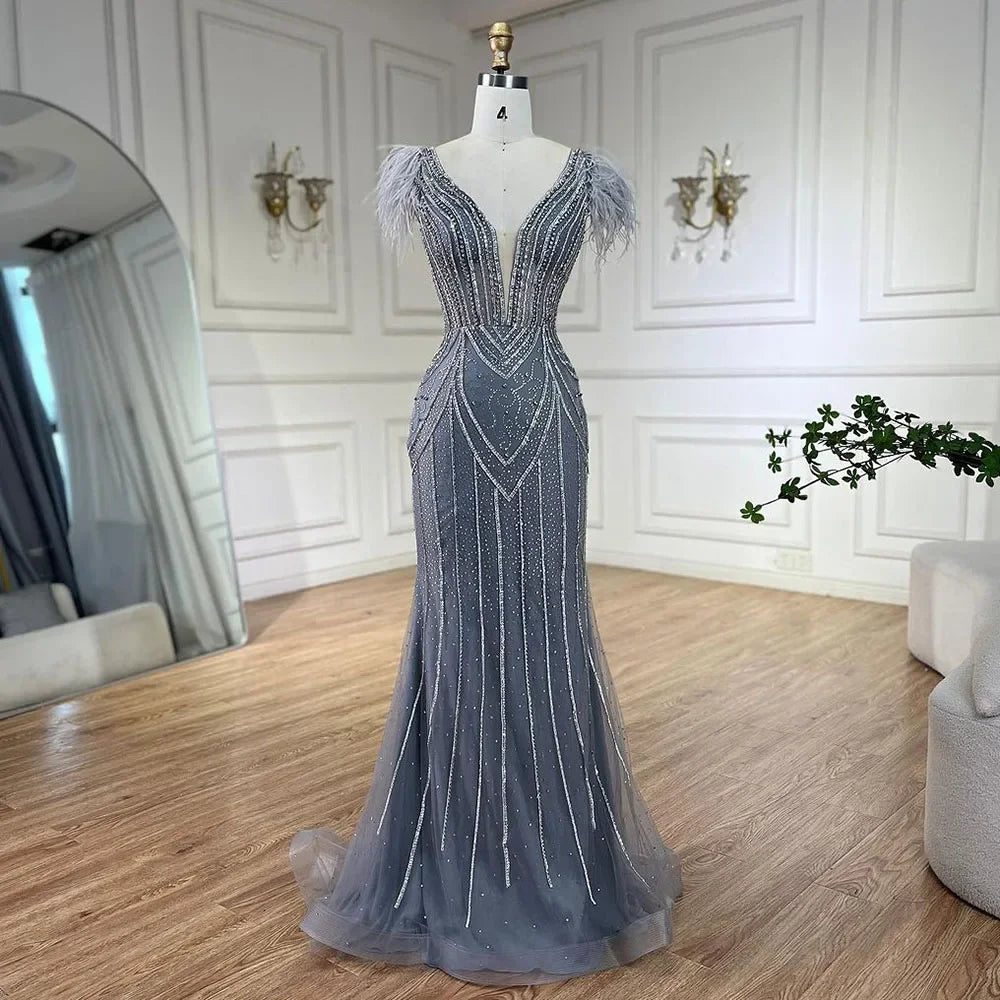 Luxury Dubai Blue Mermaid Evening Dress with Pearls and Feathers
