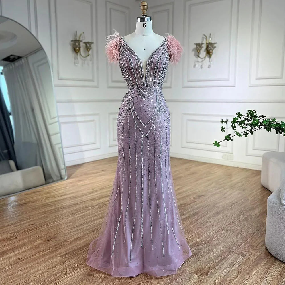 Luxury Dubai Blue Mermaid Evening Dress with Pearls and Feathers