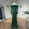 Luxury Dubai Green Long Sleeves Feathers Beaded Evening Dress