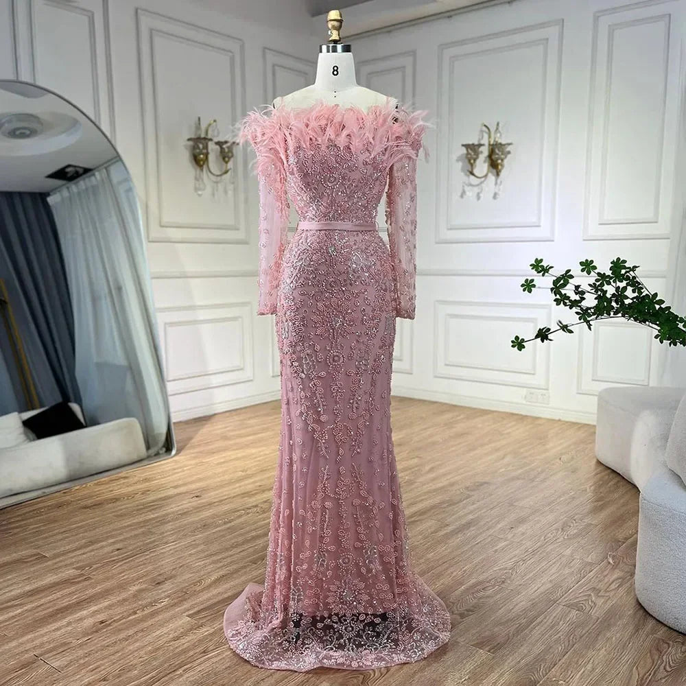 Luxury Dubai Green Long Sleeves Feathers Beaded Evening Dress
