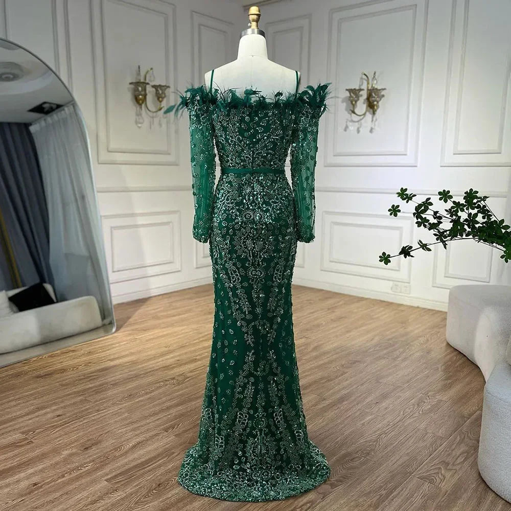 Luxury Dubai Green Long Sleeves Feathers Beaded Evening Dress