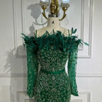 Luxury Dubai Green Long Sleeves Feathers Beaded Evening Dress