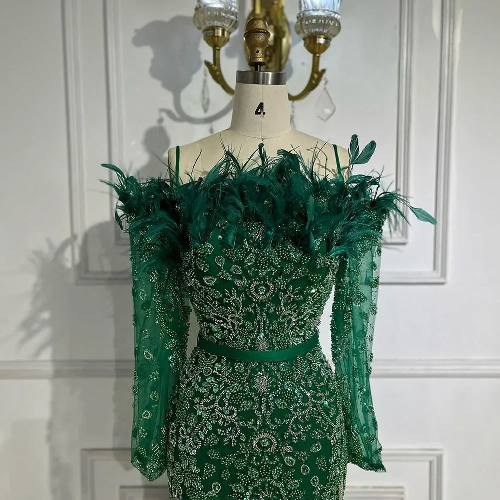 Luxury Dubai Green Long Sleeves Feathers Beaded Evening Dress