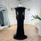 Luxury Dubai Green Long Sleeves Feathers Beaded Evening Dress