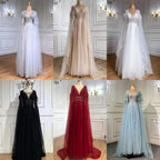 Serene Hill Luxury Dubai Grey Evening Formal Dresses with Feather Cape Shawl Gold Arabic Women Wedding Party Gowns Long LA70640