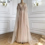 Serene Hill Luxury Dubai Grey Evening Formal Dresses with Feather Cape Shawl Gold Arabic Women Wedding Party Gowns Long LA70640