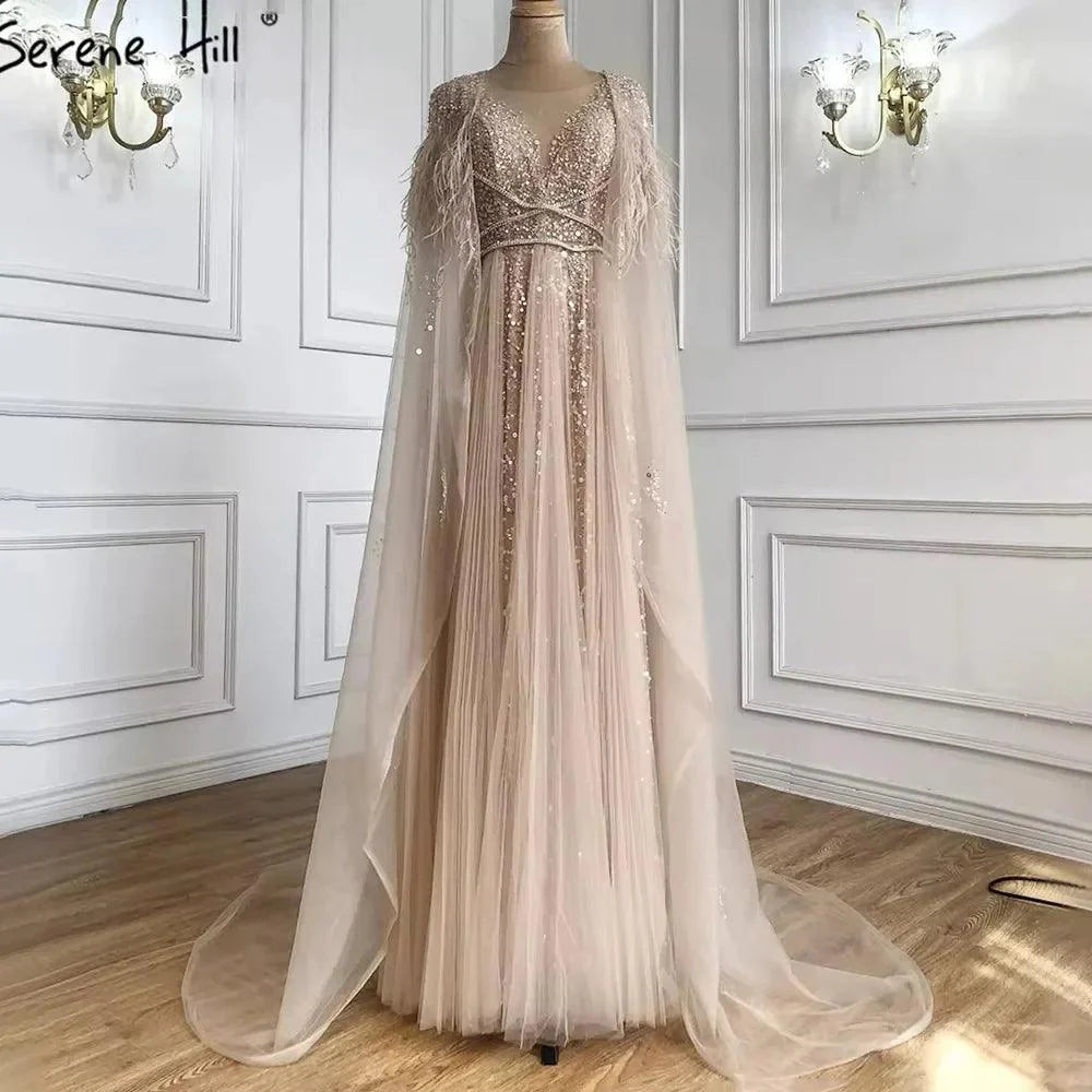 Serene Hill Luxury Dubai Grey Evening Formal Dresses with Feather Cape Shawl Gold Arabic Women Wedding Party Gowns Long LA70640