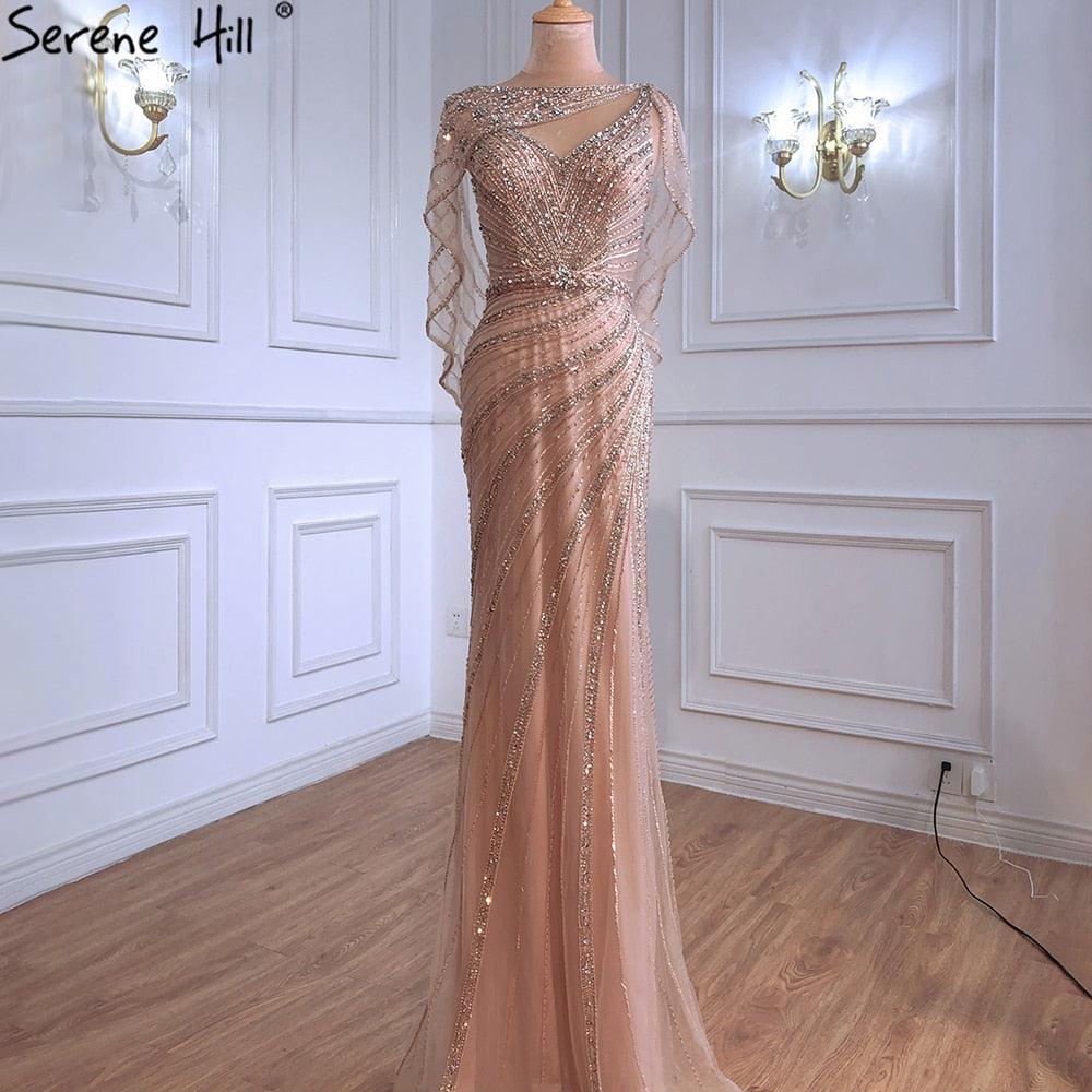 Serene Hill Luxury Mermaid Gold Evening Dresses Gowns 2024 Beading Diamond Sparkle Elegant For Women Party  LA70910