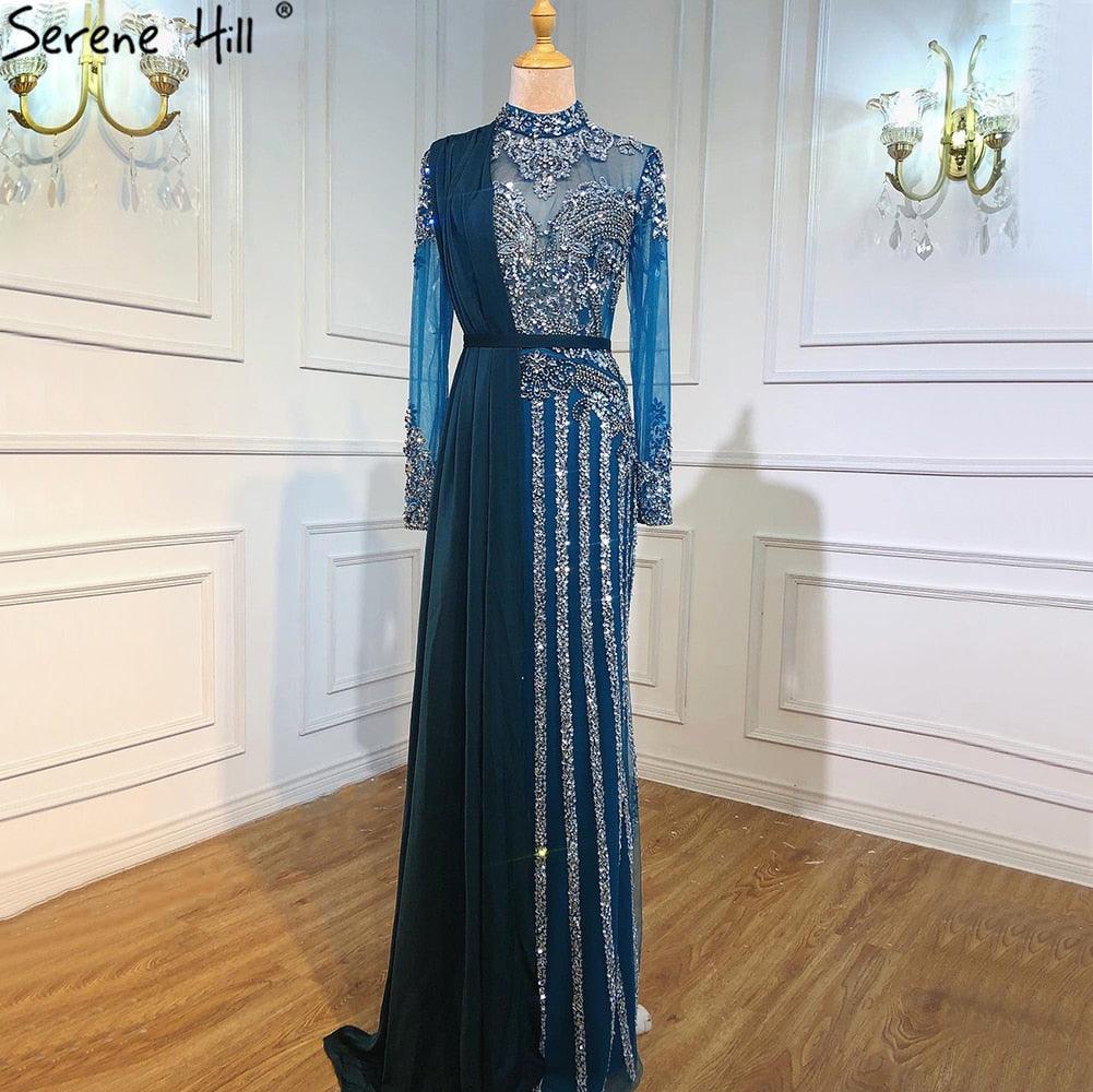 Serene Hill  Luxury Muslim Gray Luxury Long Elegant with Detachable Train Mermaid Evening Gowns Dresses  For Woman LA70199
