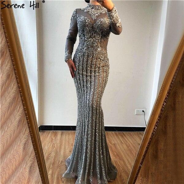 Serene Hill  Luxury Muslim Gray Luxury Long Elegant with Detachable Train Mermaid Evening Gowns Dresses  For Woman LA70199