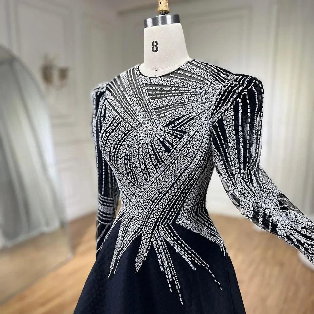 Serene Hill Muslim Black A-Line Midi Luxury Beaded Ankle Length Evening Dresses Gowns 2024 For Women Party LA71290