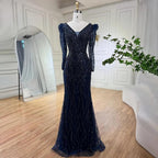 Serene Hill Muslim Blue Elegant Mermaid Beaded Arabic Luxury Evening Dress for Womenes Gowns Wedding Party 2024 LA71931