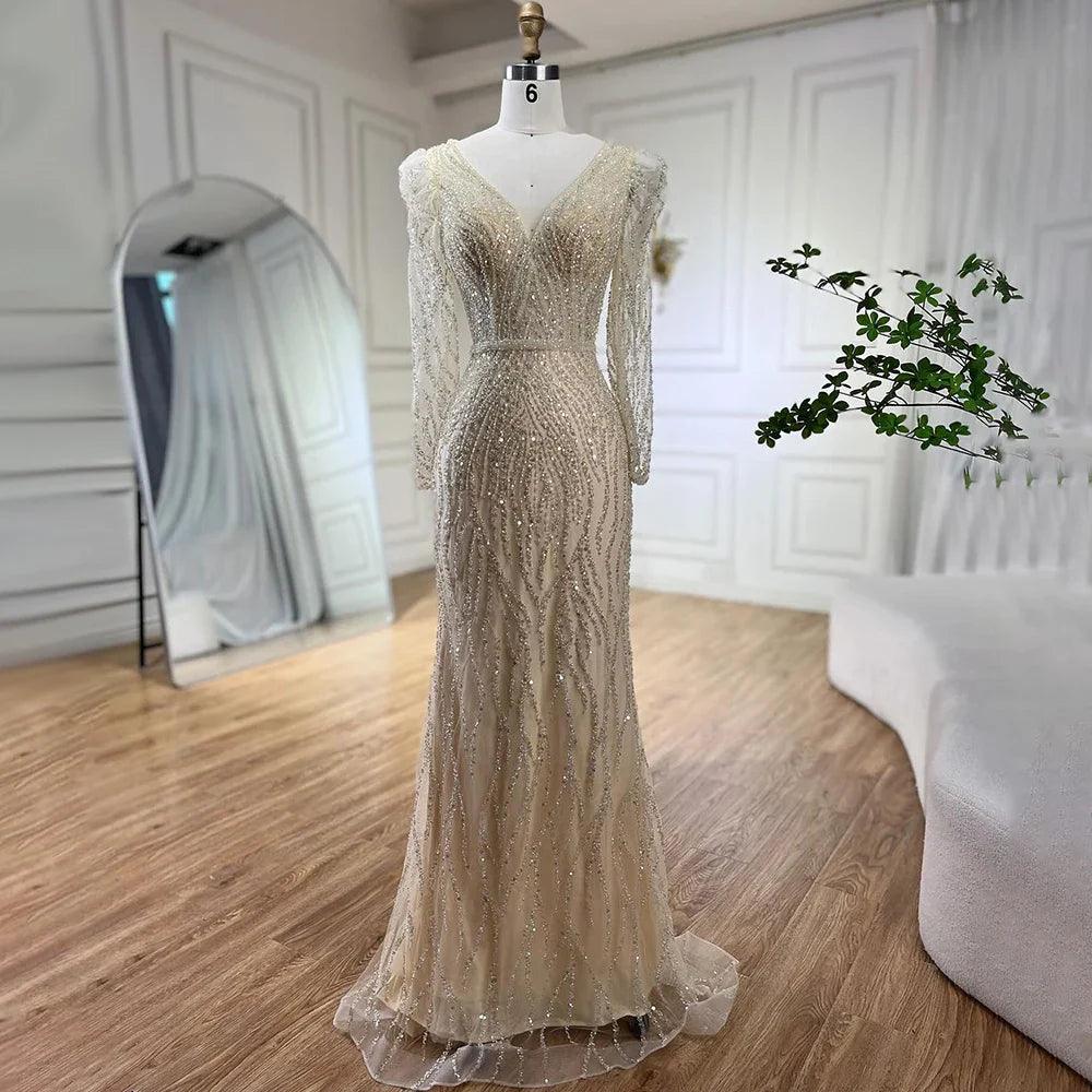 Serene Hill Muslim Blue Elegant Mermaid Beaded Arabic Luxury Evening Dress for Womenes Gowns Wedding Party 2024 LA71931