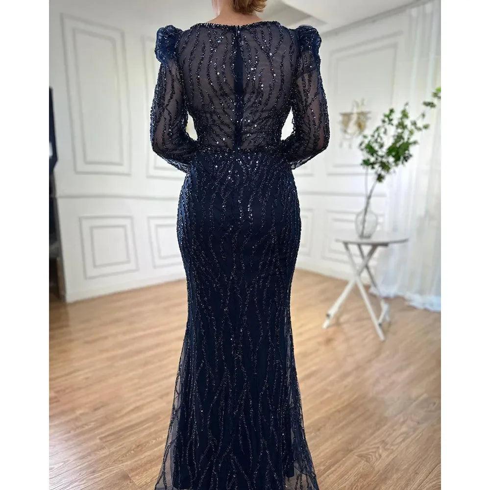 Serene Hill Muslim Blue Elegant Mermaid Beaded Arabic Luxury Evening Dress for Womenes Gowns Wedding Party 2024 LA71931