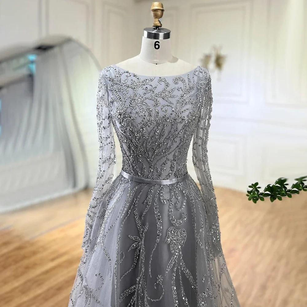 Serene Hill Muslim Gray A Line Evening Luxury Dubai Dresses Gowns Beaded 2024 For Woman Wedding Party LA71596A