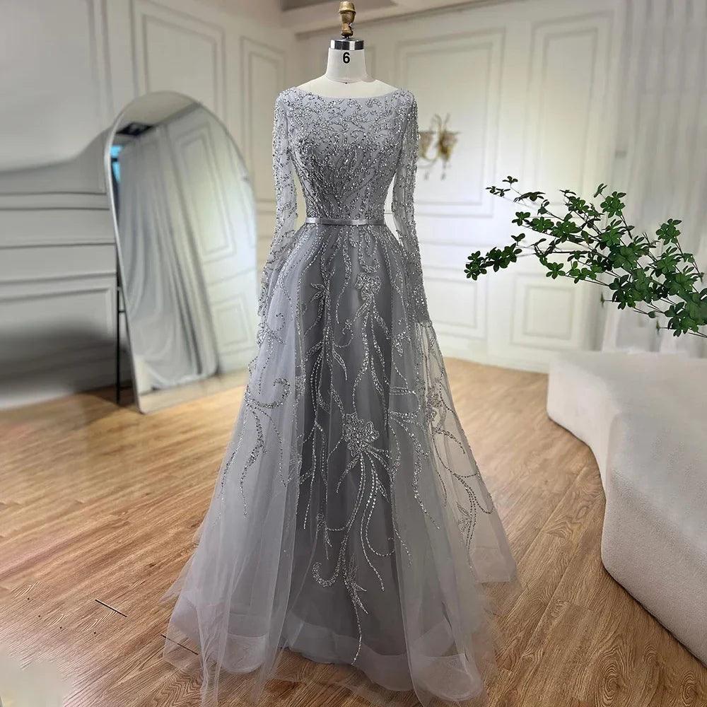 Serene Hill Muslim Gray A Line Evening Luxury Dubai Dresses Gowns Beaded 2024 For Woman Wedding Party LA71596A
