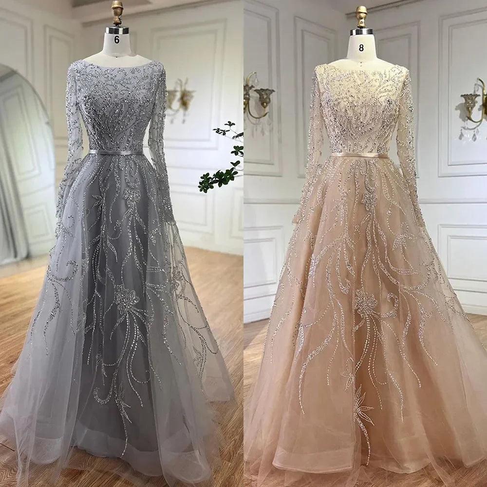 Serene Hill Muslim Gray A Line Evening Luxury Dubai Dresses Gowns Beaded 2024 For Woman Wedding Party LA71596A