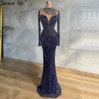 Serene Hill Muslim Navy Blue Luxury Evening Dresses Gowns Beaded Mermaid Elegant For Women Party LA71359