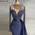 Serene Hill Muslim Navy Blue Luxury Evening Dresses Gowns Beaded Mermaid Elegant For Women Party LA71359