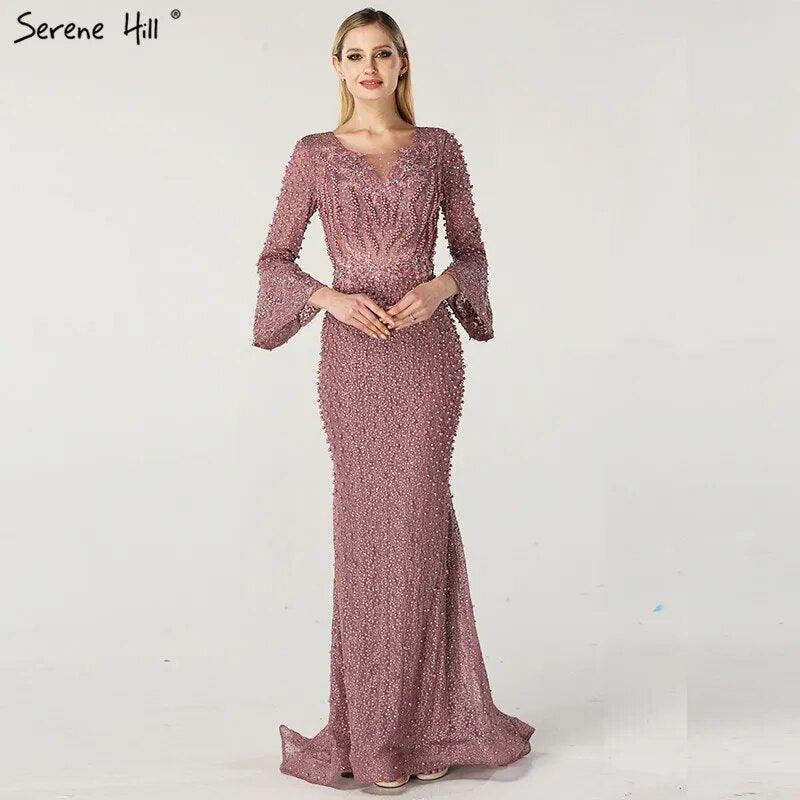 On Sale No Return No Refund Serene Hill Muslim Pink Mermaid Luxury Lace Beaded Pearls Long Sleeves Evening Dress Formal Party Gown 2024 Plus Size LA60813