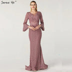 On Sale No Return No Refund Serene Hill Muslim Pink Mermaid Luxury Lace Beaded Pearls Long Sleeves Evening Dress Formal Party Gown 2024 Plus Size LA60813