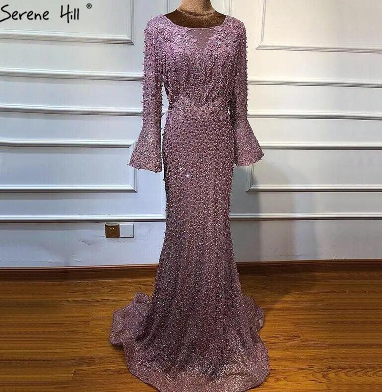 On Sale No Return No Refund Serene Hill Muslim Pink Mermaid Luxury Lace Beaded Pearls Long Sleeves Evening Dress Formal Party Gown 2024 Plus Size LA60813