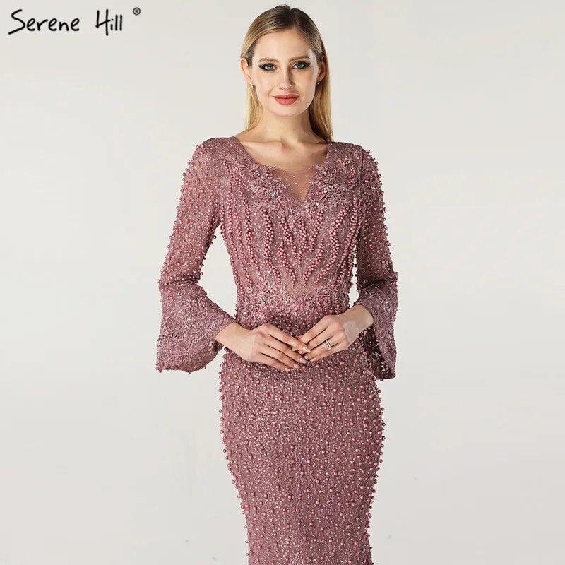 On Sale No Return No Refund Serene Hill Muslim Pink Mermaid Luxury Lace Beaded Pearls Long Sleeves Evening Dress Formal Party Gown 2024 Plus Size LA60813