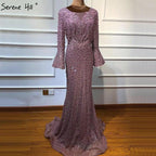 On Sale No Return No Refund Serene Hill Muslim Pink Mermaid Luxury Lace Beaded Pearls Long Sleeves Evening Dress Formal Party Gown 2024 Plus Size LA60813
