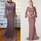 On Sale No Return No Refund Serene Hill Muslim Pink Mermaid Luxury Lace Beaded Pearls Long Sleeves Evening Dress Formal Party Gown 2024 Plus Size LA60813
