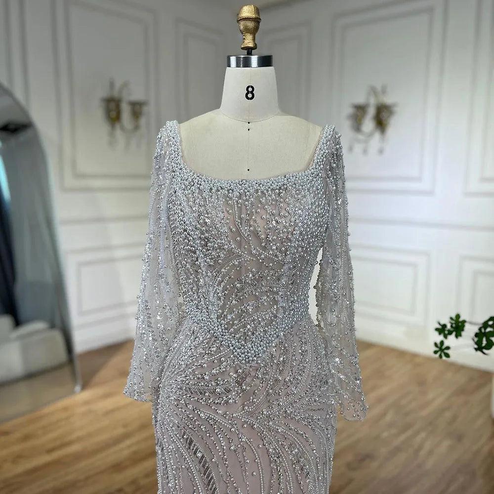 Serene Hill Muslim White Nude Elegant Mermaid Luxury Dubai Evening Dresses Gowns Pearls Beaded For Women Wedding Party LA72266A