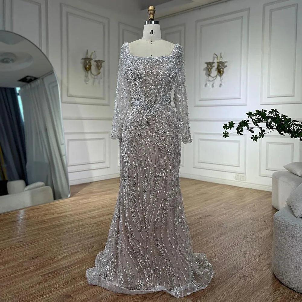 Serene Hill Muslim White Nude Elegant Mermaid Luxury Dubai Evening Dresses Gowns Pearls Beaded For Women Wedding Party LA72266A