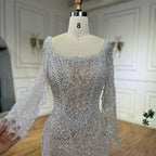 Serene Hill Muslim White Nude Elegant Mermaid Luxury Dubai Evening Dresses Gowns Pearls Beaded For Women Wedding Party LA72266A