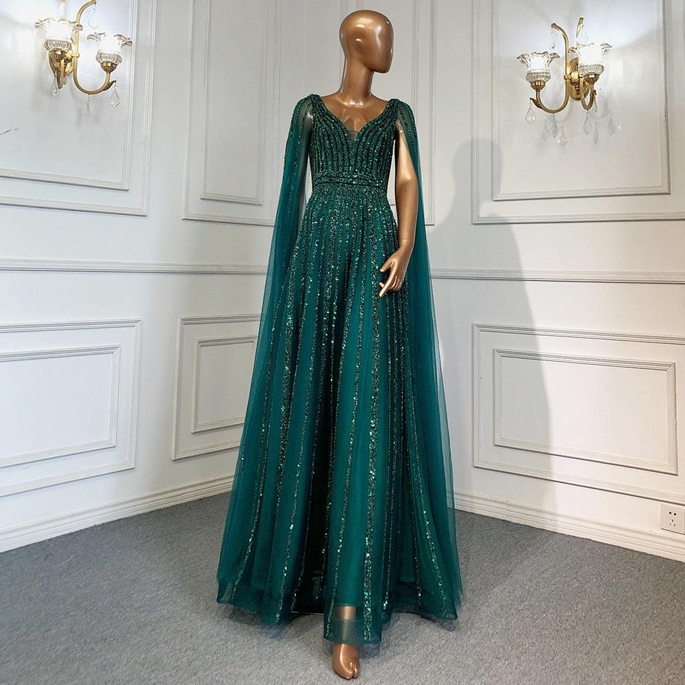 Serene Hill Nude Arabic Luxury Cape Sleeves Evening Dresses Gowns A-Line Beaded Sexy 2024 For Women Party LA71567