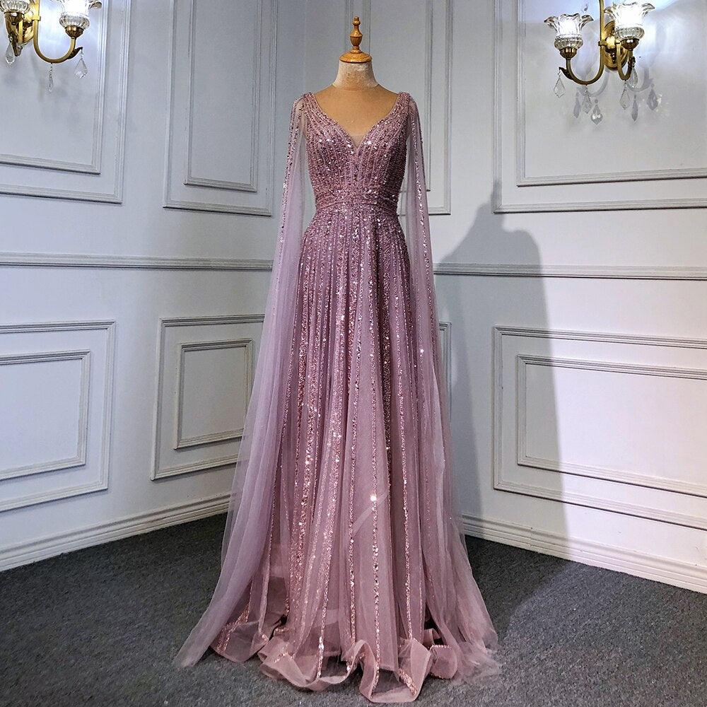 Serene Hill Nude Arabic Luxury Cape Sleeves Evening Dresses Gowns A-Line Beaded Sexy 2024 For Women Party LA71567