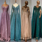 Serene Hill Nude Arabic Luxury Cape Sleeves Evening Dresses Gowns A-Line Beaded Sexy 2024 For Women Party LA71567