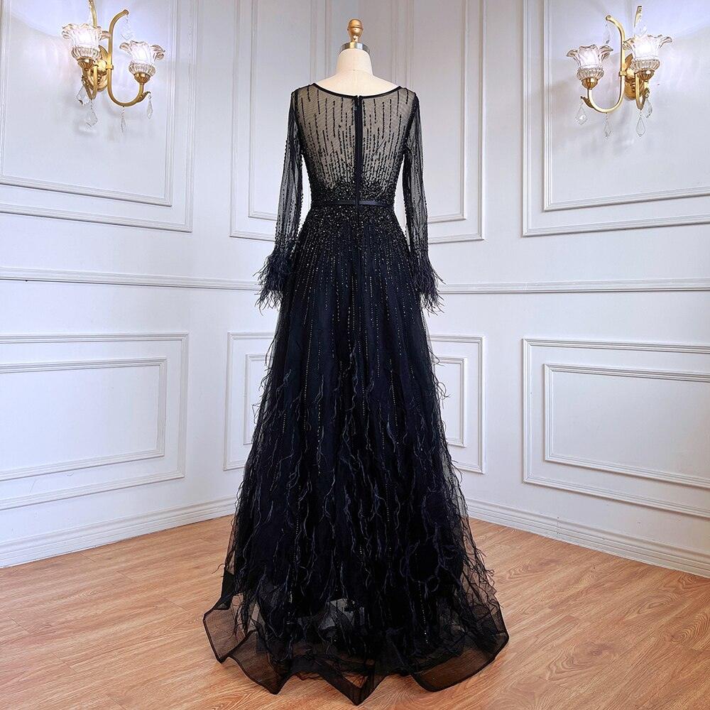Serene Hill Pink  A-Line Dubai Design Feathers Long Sleeves Luxury Beaded Evening Dresses Gowns For Women Party 2023 LA60836