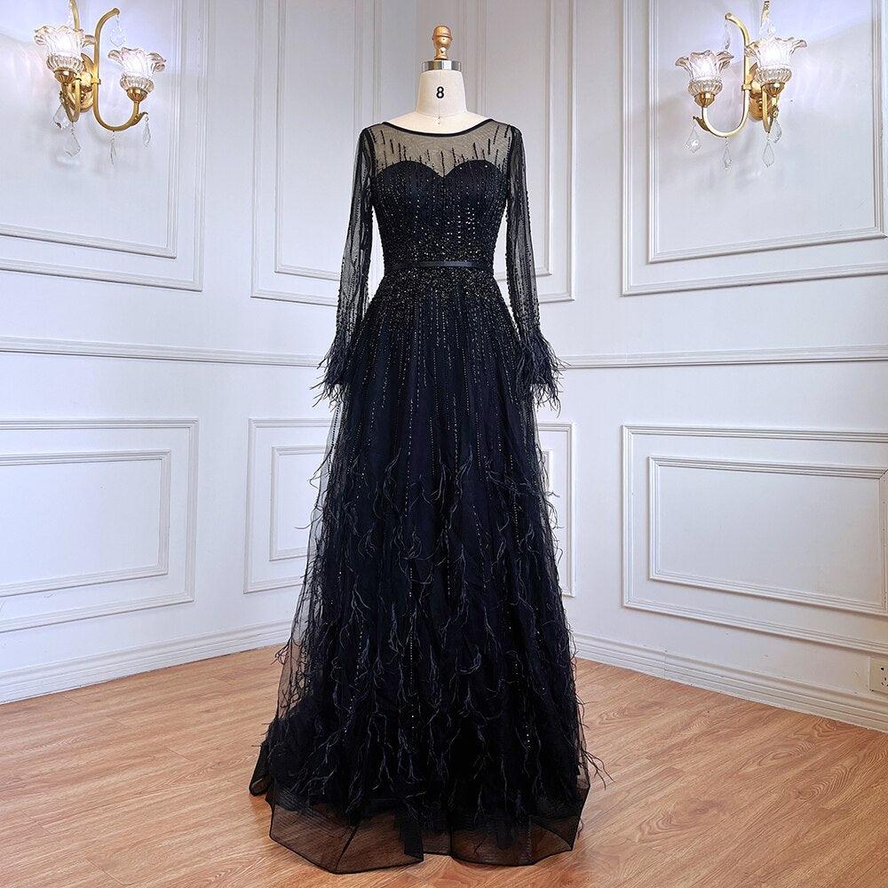 Serene Hill Pink  A-Line Dubai Design Feathers Long Sleeves Luxury Beaded Evening Dresses Gowns For Women Party 2023 LA60836