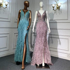 Serene Hill Pink High Split Mermaid Evening Dresses Gowns  Backless Luxury Beaded Feather For Women Party LA71583