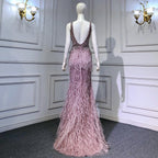 Serene Hill Pink High Split Mermaid Evening Dresses Gowns  Backless Luxury Beaded Feather For Women Party LA71583